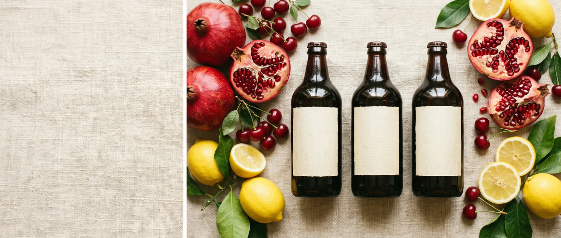 Horozdan şişeleri, nar, vişne ve limonlarla keten örtülü sofrada